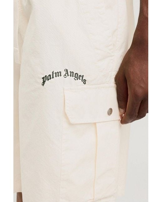 Palm Angels White Curved Logo Loose Cargo Shorts for men