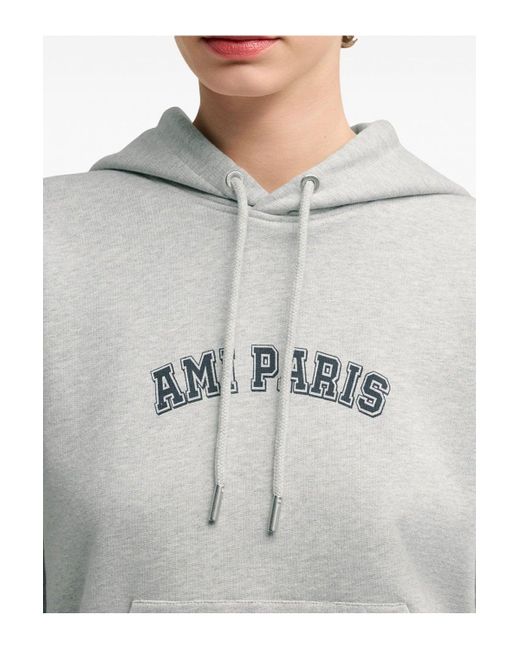 AMI Gray Branded Cotton Pullover Hooded Top for men