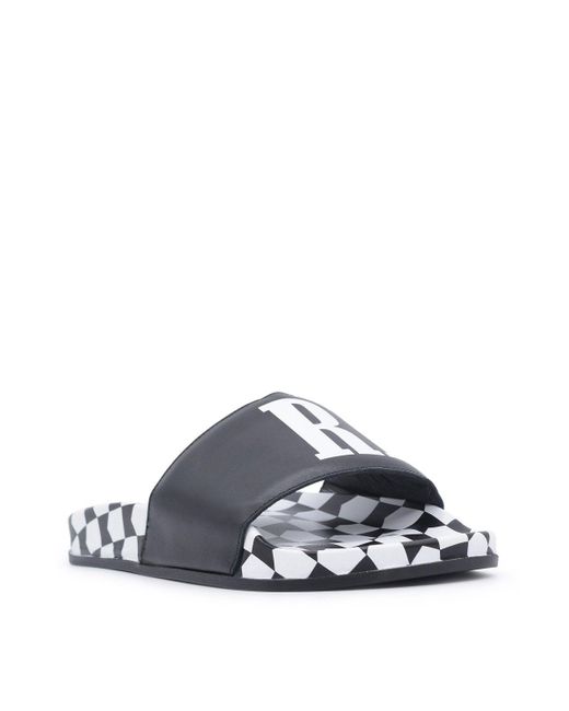 Rhude White Checkered Leather Slides for men