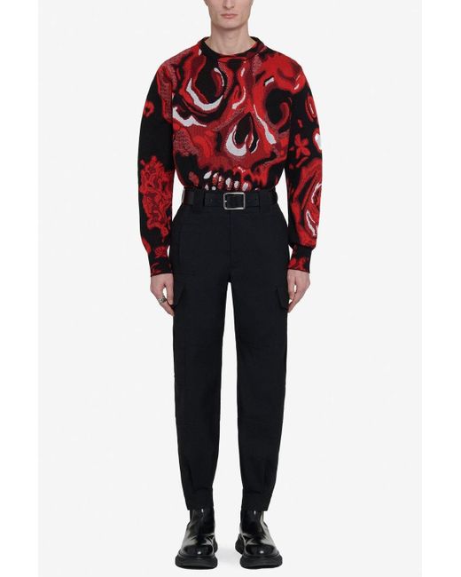 Alexander McQueen Red Wax Flower Skull Jacquard Sweater for men