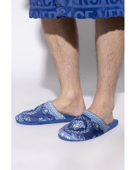 Versace Blue Cotton Terry Baroque Slippers