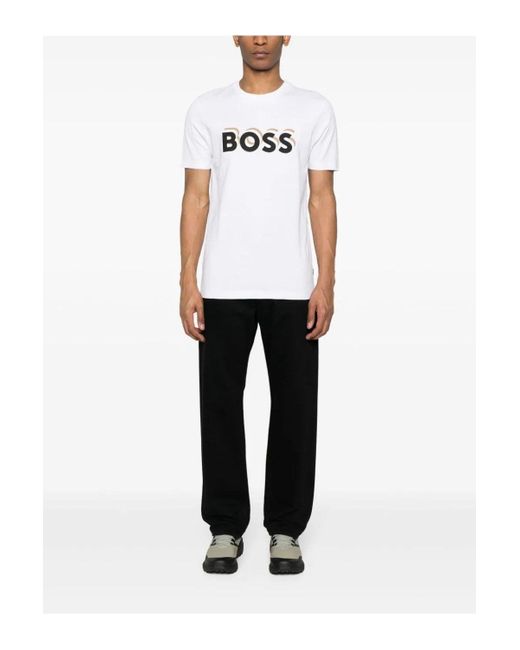 Boss White Cotton-jersey T-shirt With Logo In Signature Colours for men