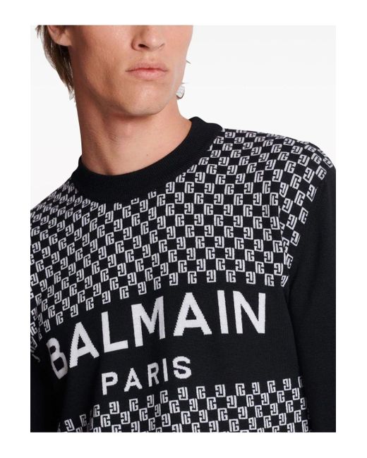 Balmain Black Wool Mini-monogram Sweater for men