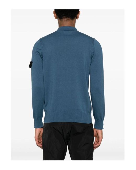 Stone Island Blue Knitted Zip Polo Shirt for men