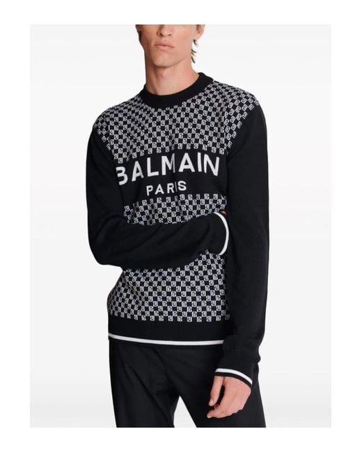Balmain Black Wool Mini-monogram Sweater for men