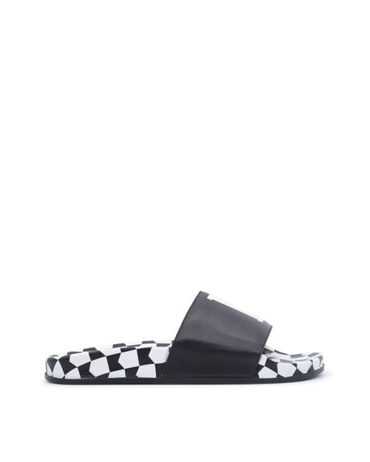 Rhude White Checkered Leather Slides for men