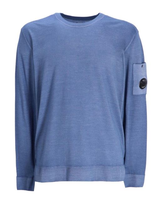 C P Company Blue Merino Wool Fast Dyed Crew Neck Sweater for men