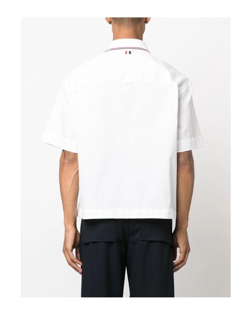 Thom Browne White Knit Collar Rugby Seersucker Shirt for men