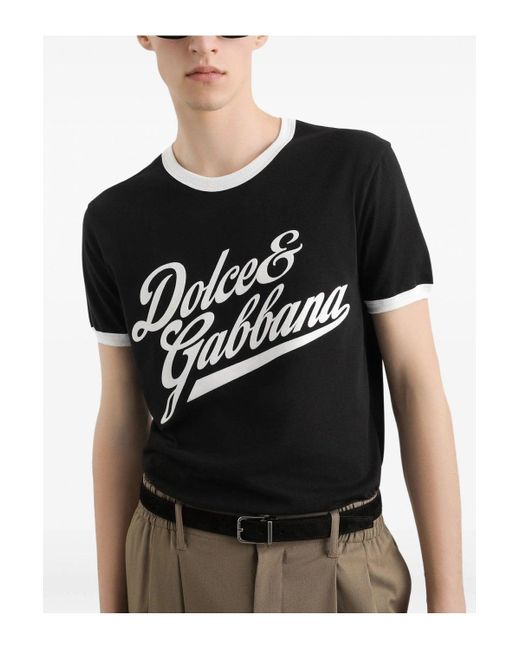 Dolce & Gabbana Black T-Shirt With A Logo And Velvet Finish for men