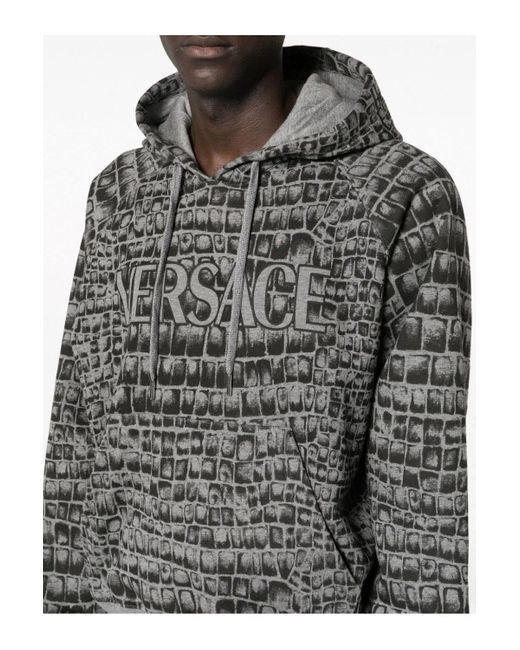 Versace Gray All Over Branding Hooded Top for men