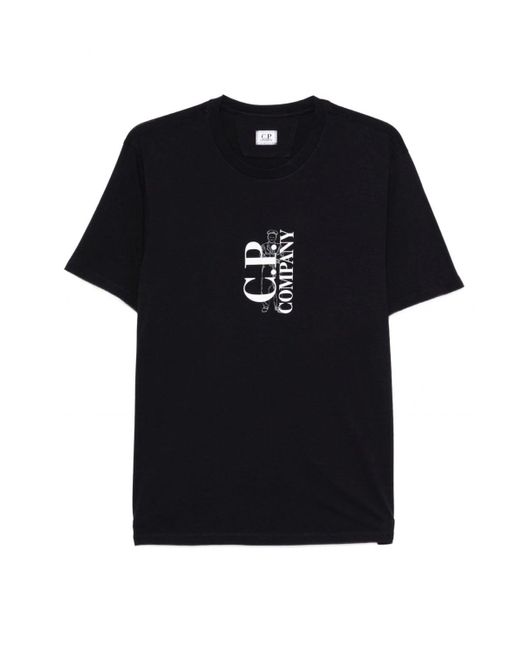 C P Company Black 30/1 Vertical Logo T Shirt for men