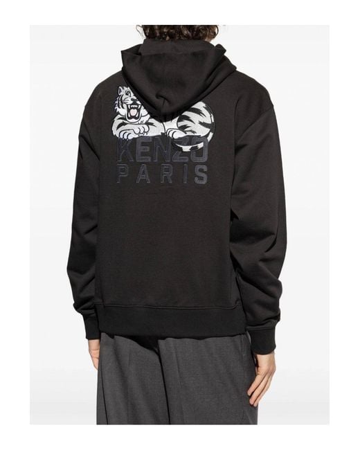 KENZO Black Happy Tiger Embroidered Classic Hoodie for men