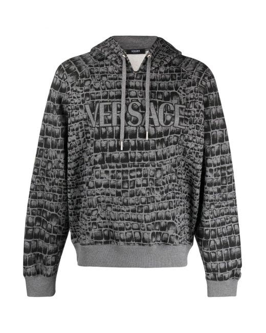 Versace Gray All Over Branding Hooded Top for men