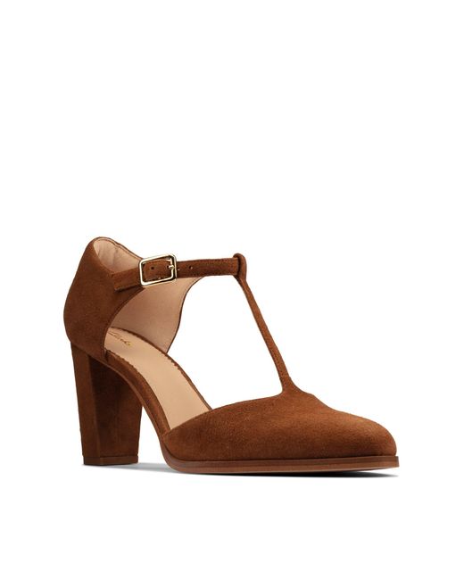 Clarks Suede Kaylin 85 T Bar in Tan 