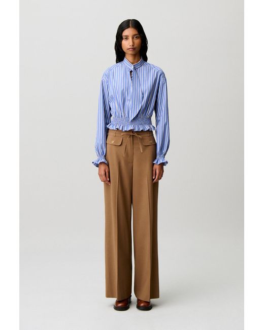 Claudie Pierlot Blue Striped Poplin Tie-Neck Top
