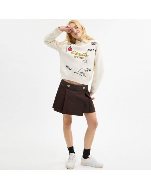 COACH White Sketch Print Crewneck Sweater In Organic Cotton