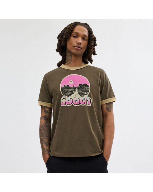 COACH Green Roadside Ringer T Shirt for men