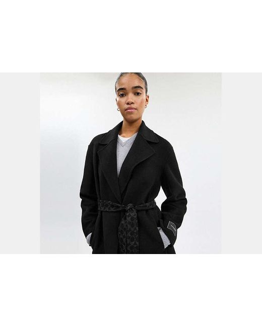 Abrigo Largo De Lana Con Cinturón En, Talla COACH de color Black