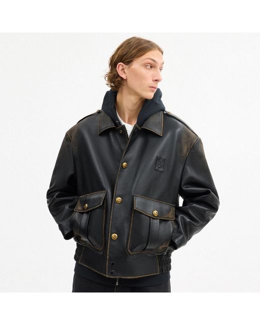 COACH Black Short Leather Jacket In Loved Leather for men