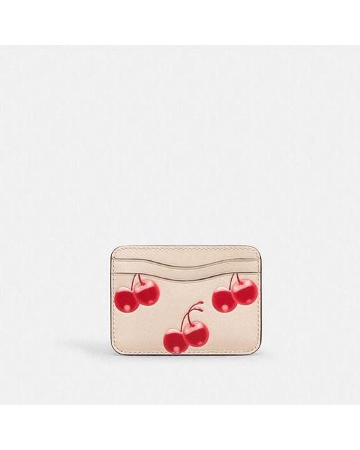 COACH Red Wavy Card Case In Regenerative Leather With Cherry Print