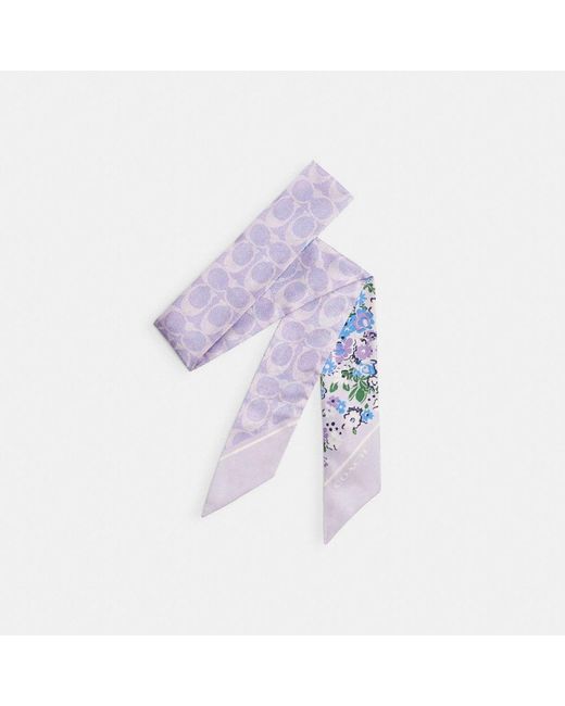COACH Purple Floral Print Silk Skinny Scarf