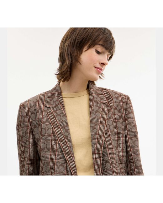 COACH Brown C Plaid Single Breasted Blazer