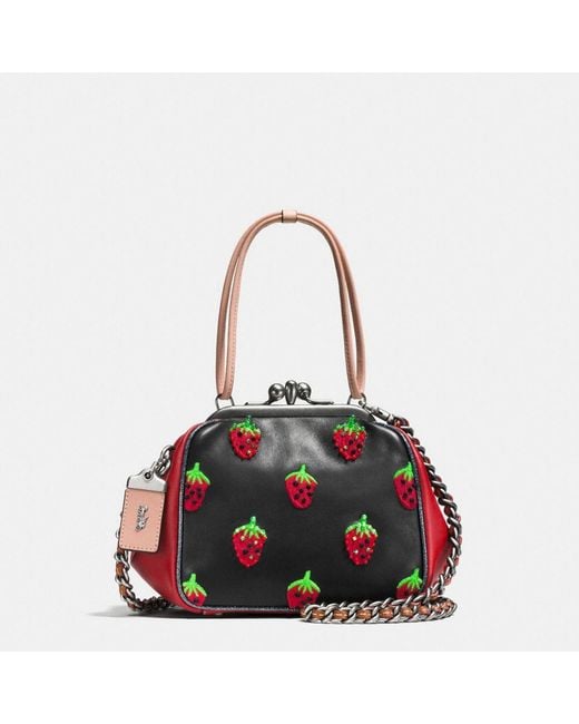 COACH Kisslock Frame Bag In Very Natural Glovetanned Leather With Strawberry  Embroidery
