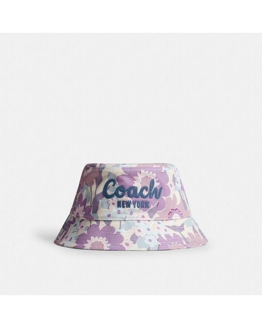 COACH Purple Script Floral Print Bucket Hat
