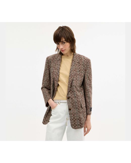 COACH Brown C Plaid Single Breasted Blazer