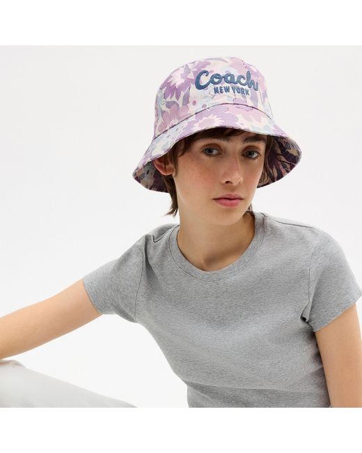 COACH Purple Script Floral Print Bucket Hat