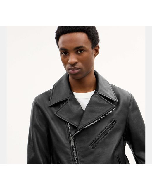 COACH Black Shrunken Leather Biker Jacket for men