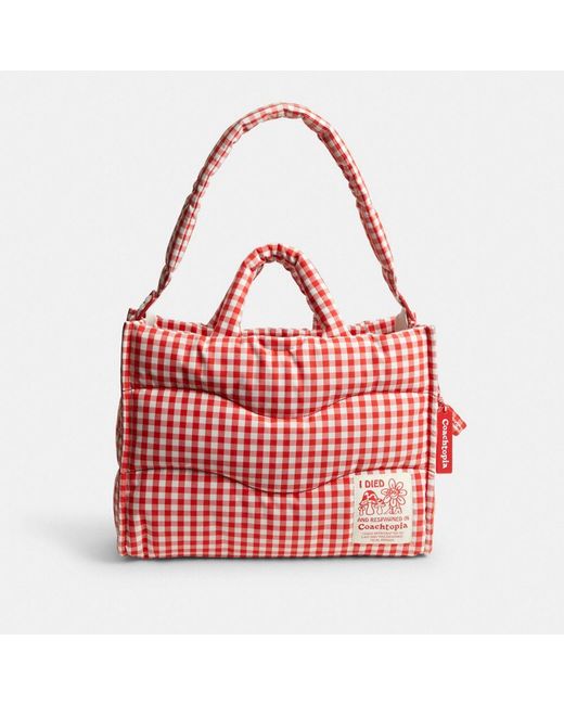 COACH Red Topia Loop Tote With Gingham Pattern
