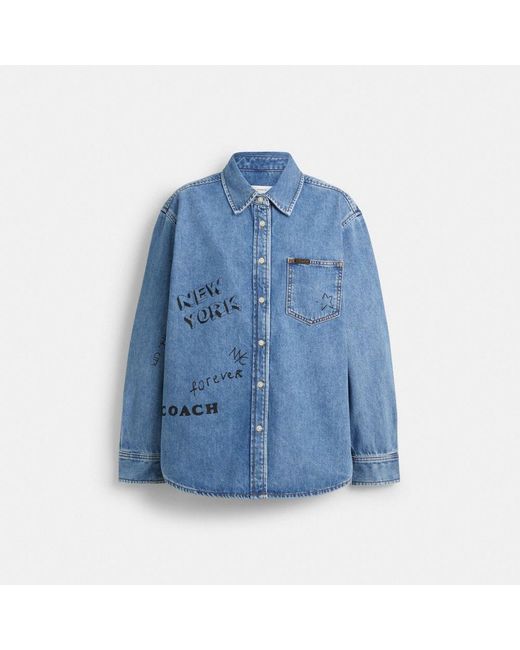 COACH Blue Sketch Print Denim Shirt