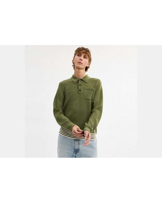 COACH Green Knit Long Sleeve Pocket Polo for men