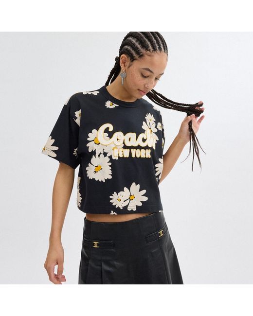 COACH Black Floral Cropped Signature Script T Shirt In Organic Cotton