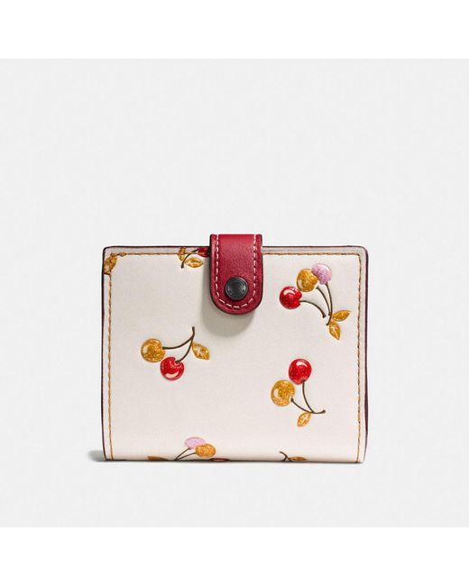 COACH Red Small Trifold Wallet In Glovetanned Leather With Cherry Print