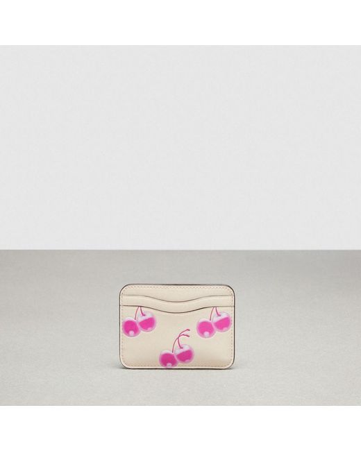 COACH Pink Wavy Card Case In Topia Leather With Cherry Print