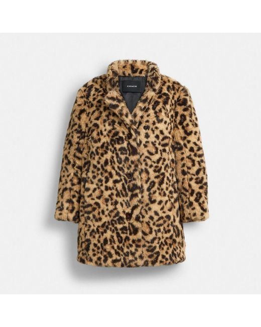 COACH Natural Leopard Print Faux Fur Coat In Recycled Polyester