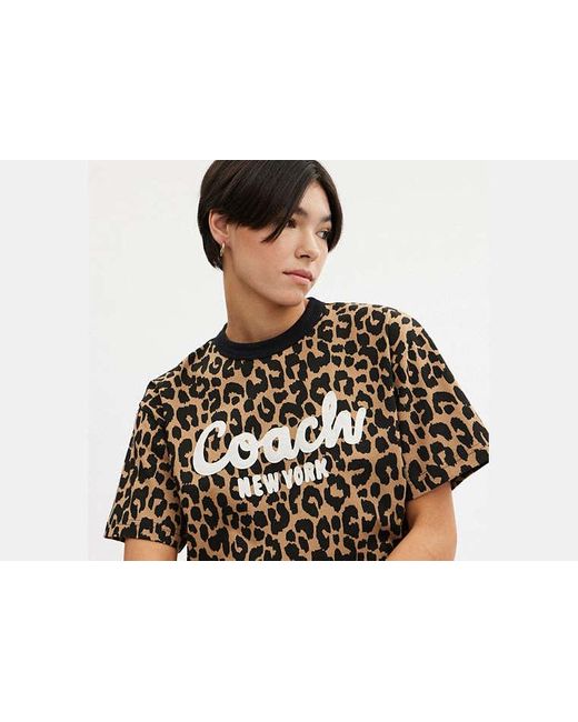 T-shirt court à motif léopard Cursive signature COACH en coloris Multicolor