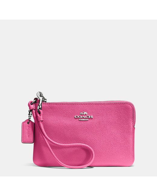 Coach Embossed Small L-zip Wristlet In Leather in Pink (LIGHT GOLD/NAVY) | Lyst