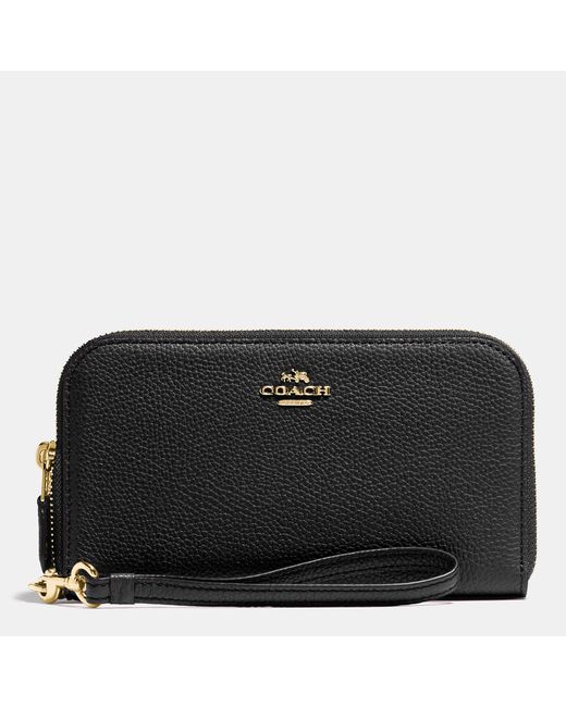 COACH Black Double Zip Wallet In Polished Pebble Leather