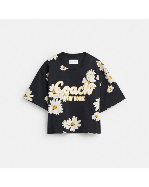 COACH Black Floral Cropped Signature Script T Shirt In Organic Cotton