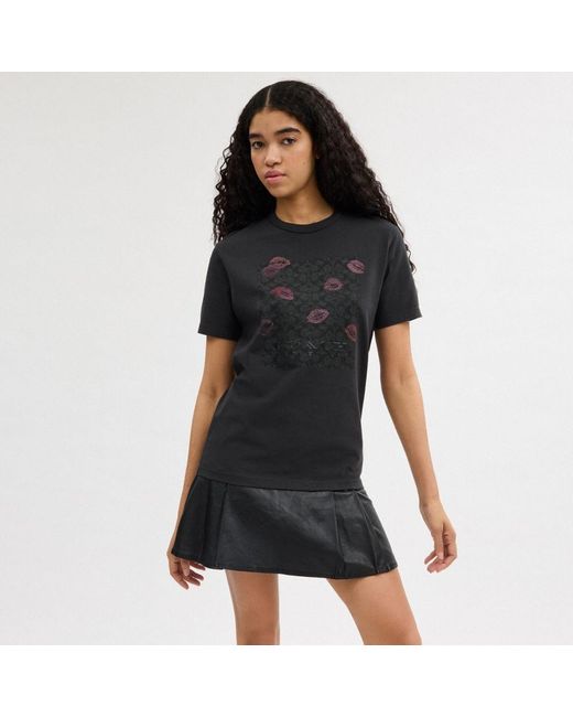 COACH Black Signature Square Kiss Print T Shirt In Organic Cotton
