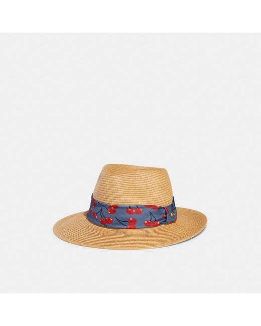 COACH Natural Straw Brimmed Hat With Cherry Print Scarf