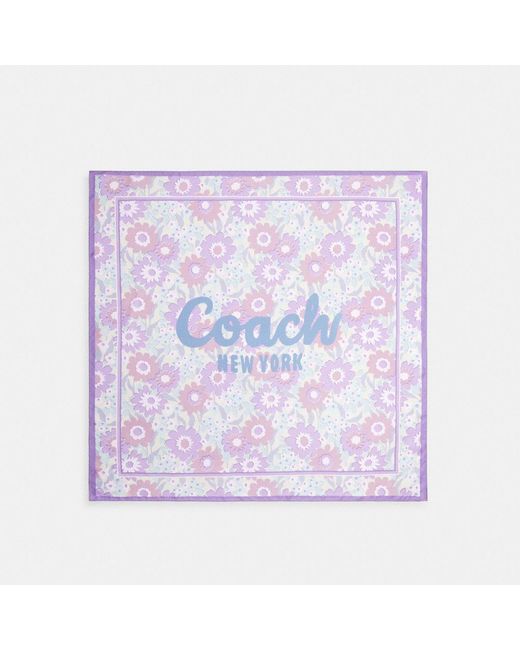 COACH Purple Script Floral Print Silk Square Scarf