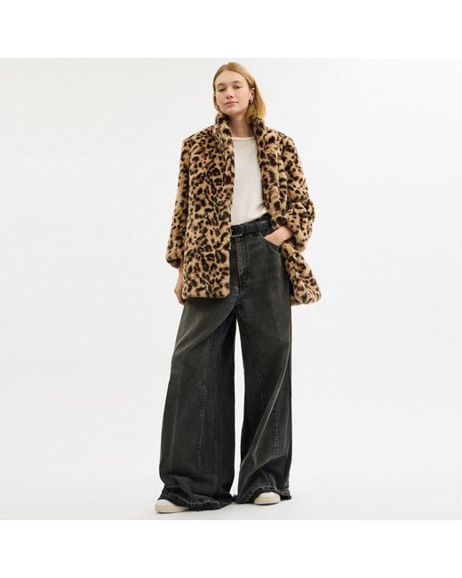 COACH Natural Leopard Print Faux Fur Coat In Recycled Polyester