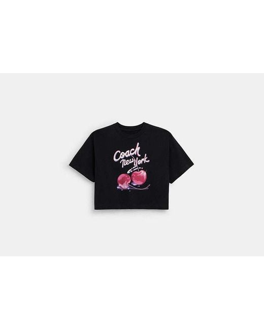 COACH Black Airbrushed Cherry Print Cropped T Shirt