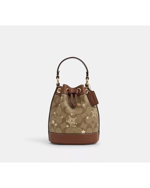COACH Brown Dempsey Drawstring Bucket Bag 15 With Star And Snowflake Print - Yellow | Leather