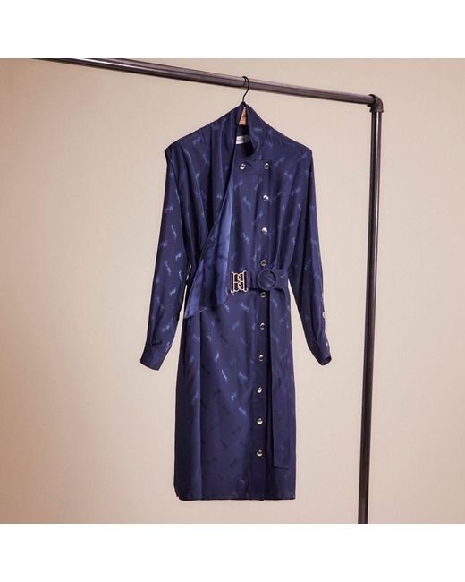 COACH Blue Restored Jacquard Architectural Drape Belted Dress