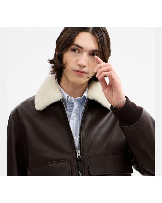 COACH Black Leather Flight Jacket With Collar for men